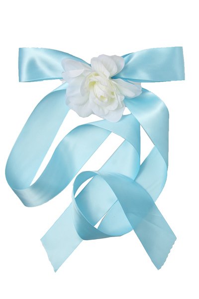 blue ribbon and white rose sash